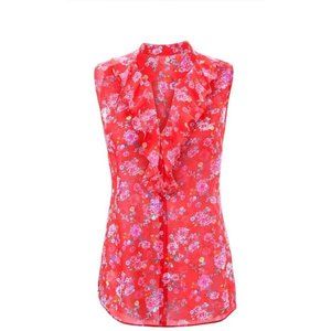 CABI Floral Ruffle Sleeveless Red Top